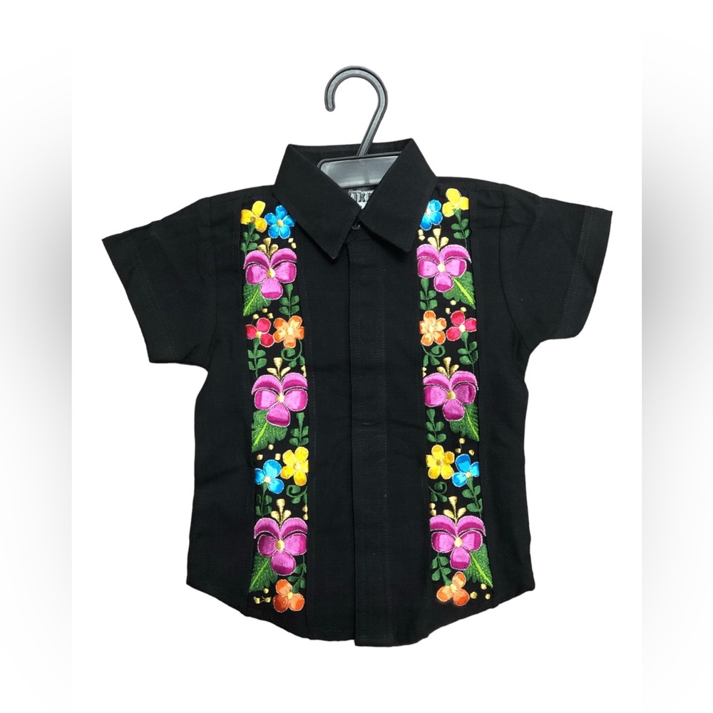 Black Guayabera with Floral Embroidery for Boys Linen Short Sleeve